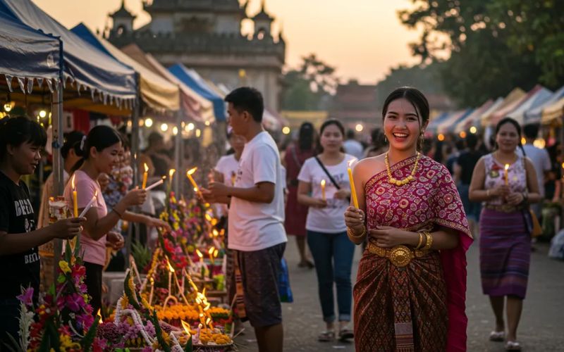A nighttime view of Patuxai monument in Vientiane illuminated with colorful light projections and surrounded by crowds of people celebrating the 2026 New Year countdown with fireworks.