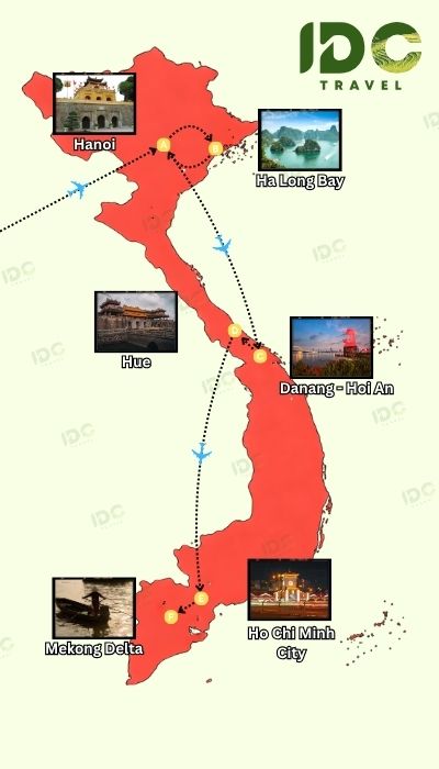 Vietnam travel map showing a north to south itinerary from Hanoi to Ha Long Bay, Hue, Da Nang, Hoi An, Ho Chi Minh City, and the Mekong Delta with flight routes.