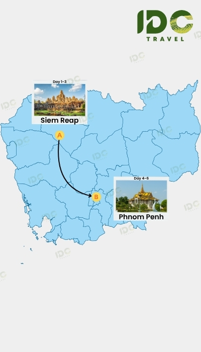 Map of a 6-day Cambodia itinerary covering Siem Reap and Phnom Penh.