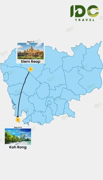 Map of a 6-day Cambodia itinerary combining Siem Reap with a beach stay on Koh Rong.