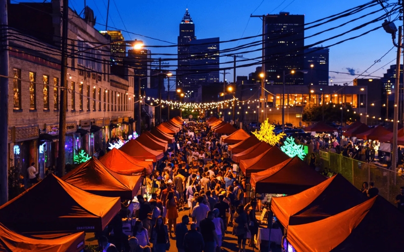 A vibrant night market in Chiang Mai with rows of red tents, glowing string lights, and crowds exploring street food and local stalls.