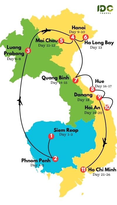 Detailed itinerary to explore UNESCO World Heritage Sites in three Southeast Asian nations namely Laos, Cambodia and Vietnam
