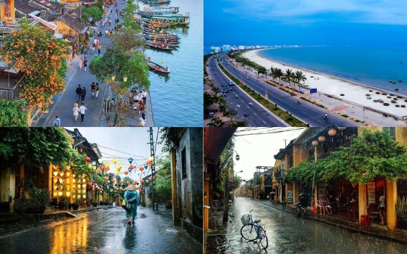 A collage showing the dry and rainy seasons in Central Vietnam — sunny coastal roads and riverside towns during the dry season, contrasted with lantern-lit streets and wet alleys of Hoi An during the rainy season.