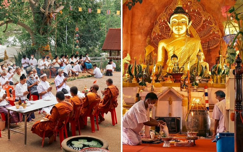 Locals dressed in traditional white attire kneel in prayer at Wat Phon Chai, surrounded by offerings of flowers, incense, and food to honor ancestral spirits during the final day of Phi Ta Khon Festival