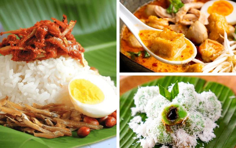 A trio of traditional Malaysian dishes served on banana leaves, showcasing the rich street food flavors of Api-Api Night Market in Malaysia