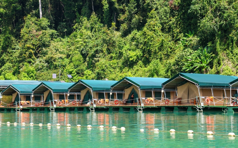 Tented camp accommodation at Elephant Hills in Khao Sok National Park, offering visitors a unique eco-luxury jungle experience.
