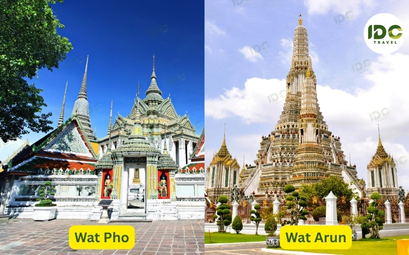 Split image comparing Wat Pho with its white and green tiled chedis on the left and the towering stone prang of Wat Arun on the right, both in Bangkok, Thailand.