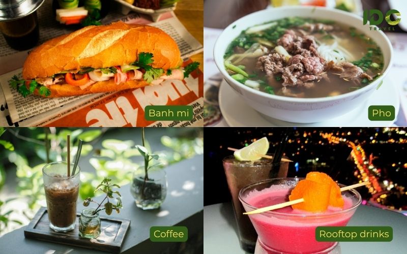 A collage showcasing Saigon's local flavors, including a crusty Banh Mi, a steaming bowl of Beef Pho, a glass of Vietnamese iced milk coffee, and two colorful tropical cocktails.