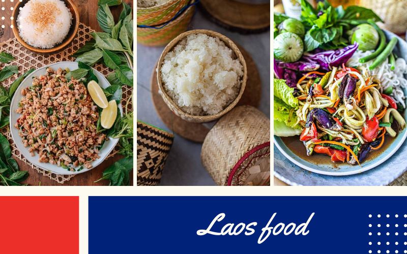 Traditional Lao food including sticky rice, larp, and Tam Mak Hoong, served in Laos cuisine style.