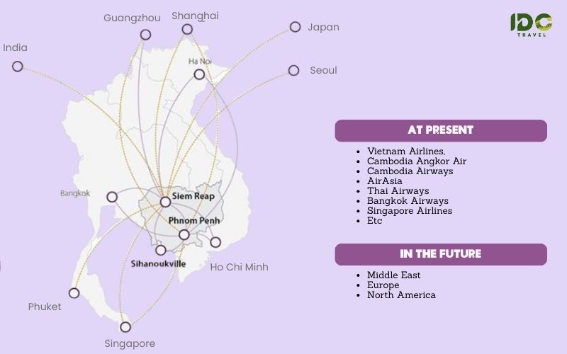 Map of flight routes from Techo International Airport (KTI) in Phnom Penh, showing regional connections across Asia.