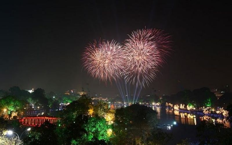 Colorful fireworks lighting up the sky during New Year’s Eve celebration in Vietnam.