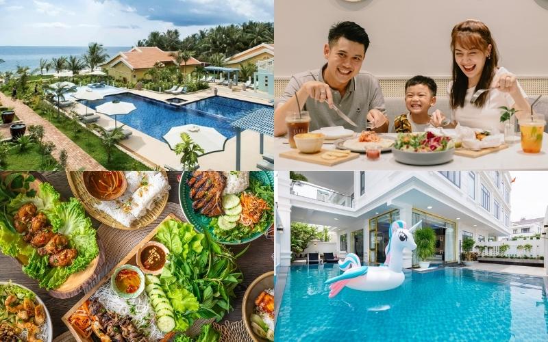 A collage showing family-friendly travel experiences in Vietnam: a seaside resort with a large pool, a smiling family enjoying a meal together, colorful Vietnamese dishes with fresh herbs, and a modern hotel pool with a unicorn float.
