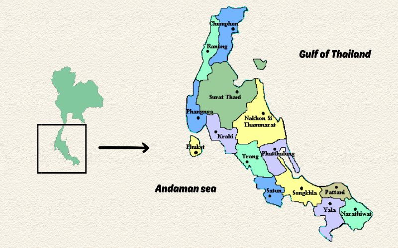 Geographical map of Southern Thailand showing provinces along the Andaman Sea and Gulf of Thailand coasts.