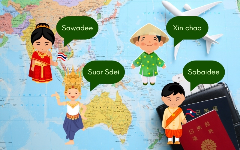 A collage showing Thai, Vietnamese, Lao, and Cambodian people using traditional greetings