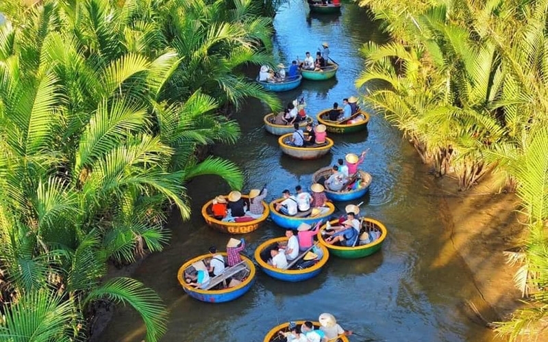 Glide through the coconut forest on a traditional basket boat