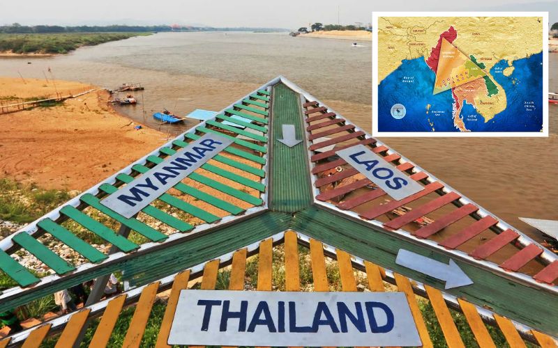 Golden Triangle, showcasing the meeting points of Thailand, Myanmar, and Laos, with river borders and directional sign