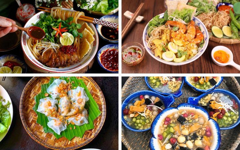 Specialties of Hoi An, including cao lau, Quang noodle, Banh vac, and sweet soup
