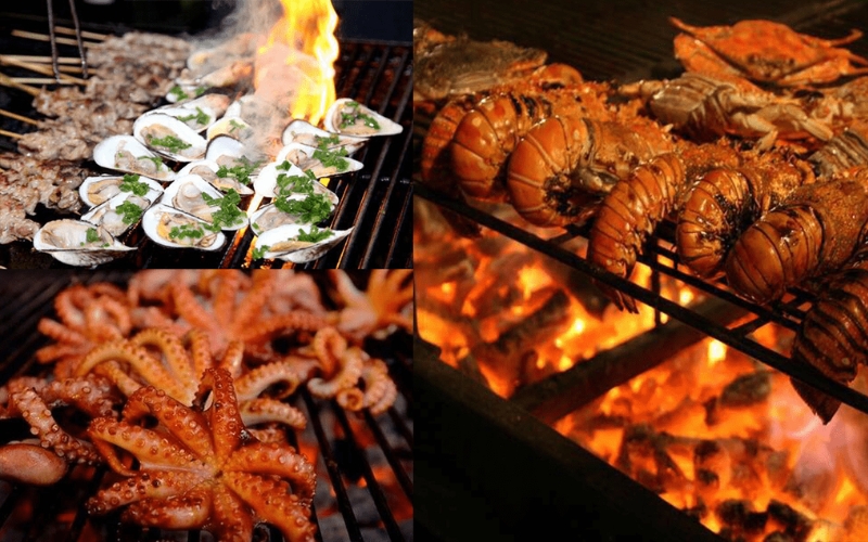 Collage of grilled seafood including clams, lobster, crab, and octopus cooked over open flames.