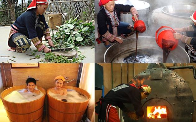 Traditional herbal bath process of the Red Dao people in Sapa, showing herbal preparation and decoction brewing, offering a unique cultural wellness experience.