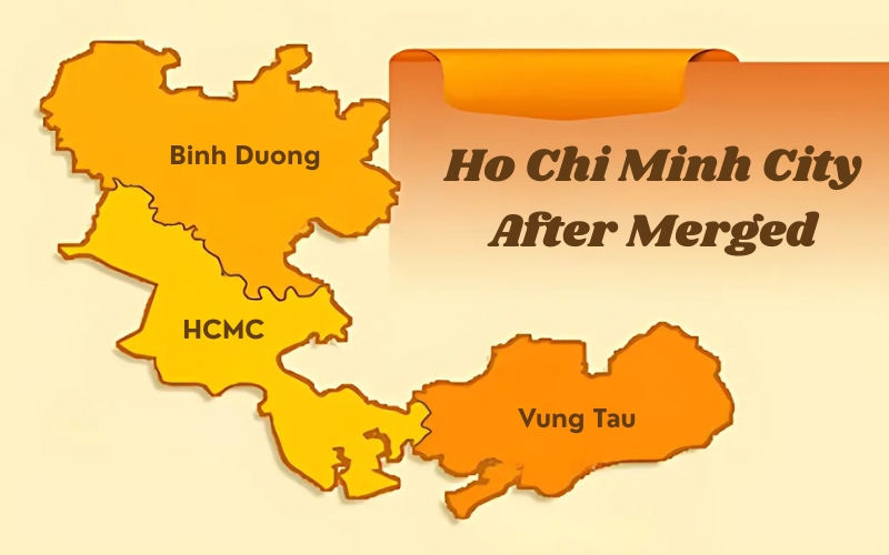 Map of the newly expanded Ho Chi Minh City after its 2025 merger with Vung Tau and Binh Duong, showing the urban districts of Saigon connected to the coastal city and surrounding areas.