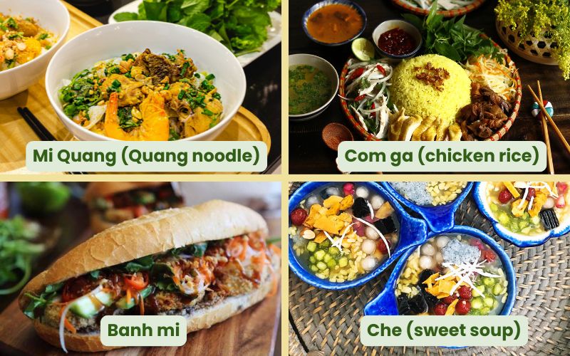 Hoi An local food specialties including Mi Quang noodles, com ga chicken rice, banh mi, and che Vietnamese sweet soup.