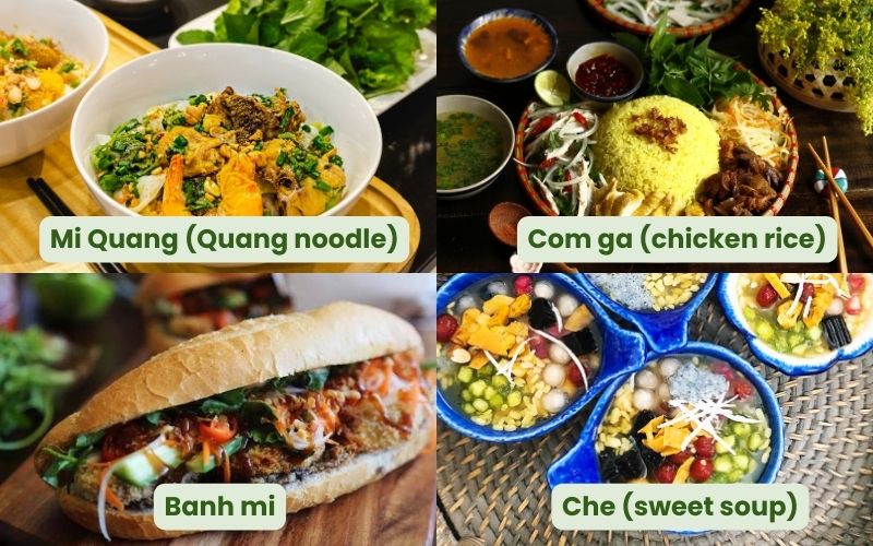 Hoi An food collage featuring Mi Quang noodles, com ga chicken rice, banh mi sandwich, and che Vietnamese sweet dessert.