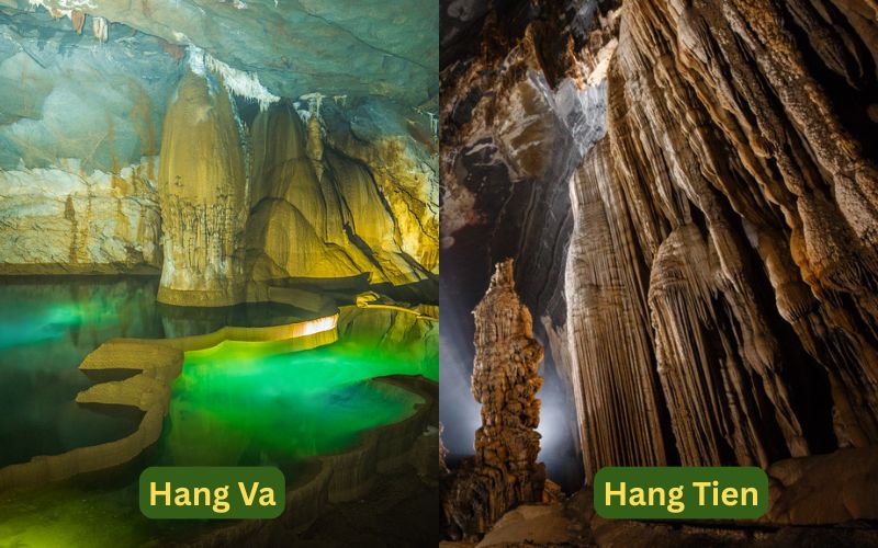 Interior of Hang Va Cave with turquoise underground pools and smooth limestone formations inside Phong Nha-Ke Bang National Park and Massive stalactite columns and layered limestone walls inside Hang Tien Cave in Phong Nha-Ke Bang National Park
