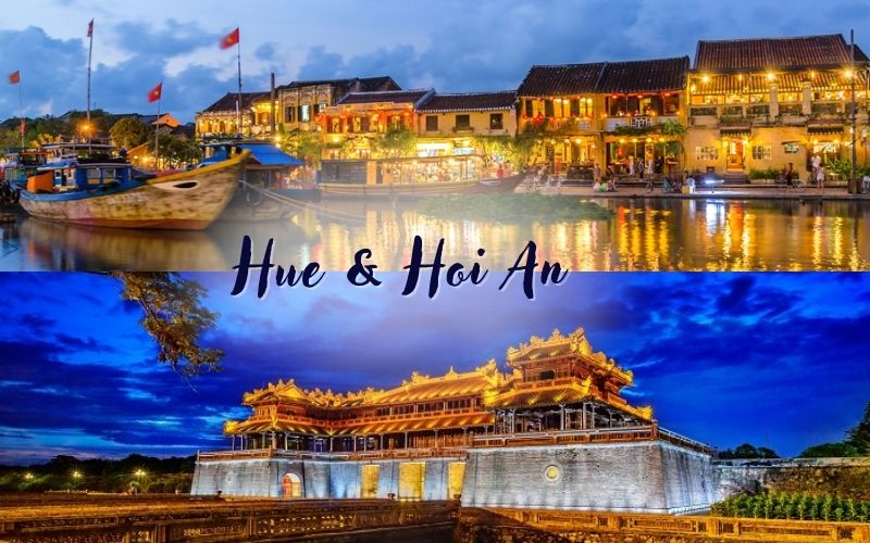 Charming view of Hoi An’s lantern-lit streets and Hue’s Imperial City, showcasing Central Vietnam’s romantic beauty