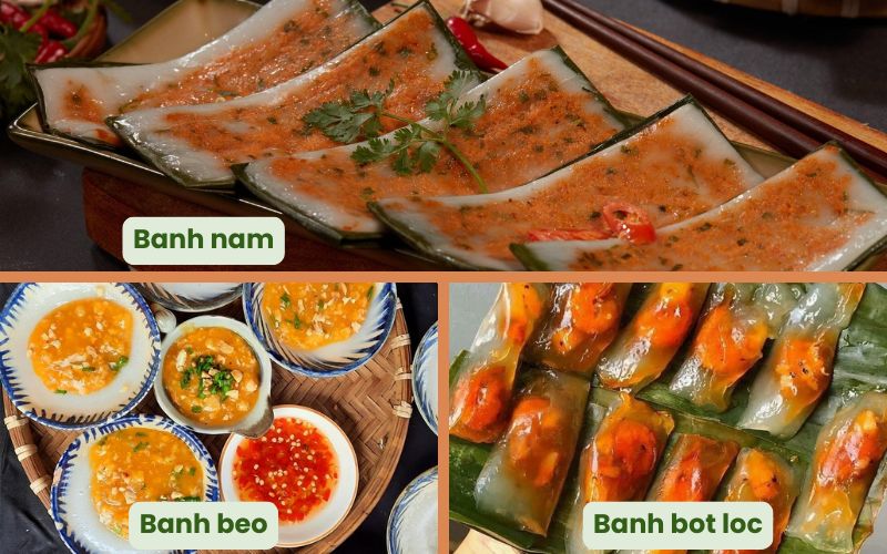 Traditional Hue dishes including banh nam, banh beo, and banh bot loc, presented on plates with dipping sauce.