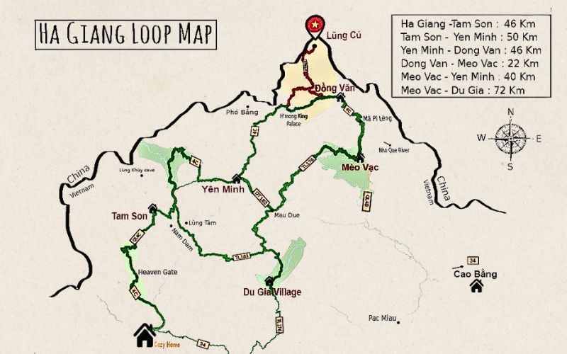Simple illustrated map of the Ha Giang Loop in northern Vietnam, showing the main motorbike route through towns such as Ha Giang, Yen Minh, Dong Van, Meo Vac, and Du Gia