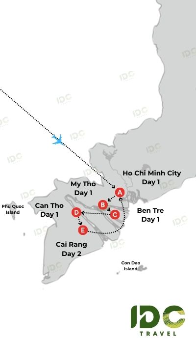 A map illustrating a suggested 2-day tour itinerary of Southern Vietnam, showing a route that starts near Ho Chi Minh City and covers key Mekong Delta destinations including My Tho, Ben Tre, Can Tho, and the Cai Rang Floating Market.