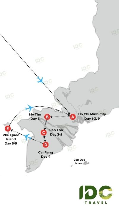 A map illustrating a comprehensive 9-day tour itinerary of Southern Vietnam, combining city, delta, and island travel. The route includes Ho Chi Minh City (Days 1-3, 9), My Tho, Can Tho, the Cai Rang Floating Market, and a significant portion spent flying to and staying on Phu Quoc Island (Days 5-9).