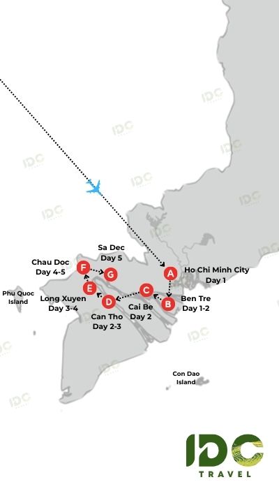 An illustrated map showing a suggested 5-day tour itinerary of Southern Vietnam, covering the Mekong Delta region. The comprehensive route includes Ho Chi Minh City (Day 1), Ben Tre, Cai Be, Can Tho, Long Xuyen, Chau Doc (Day 4-5), and Sa Dec (Day 5).