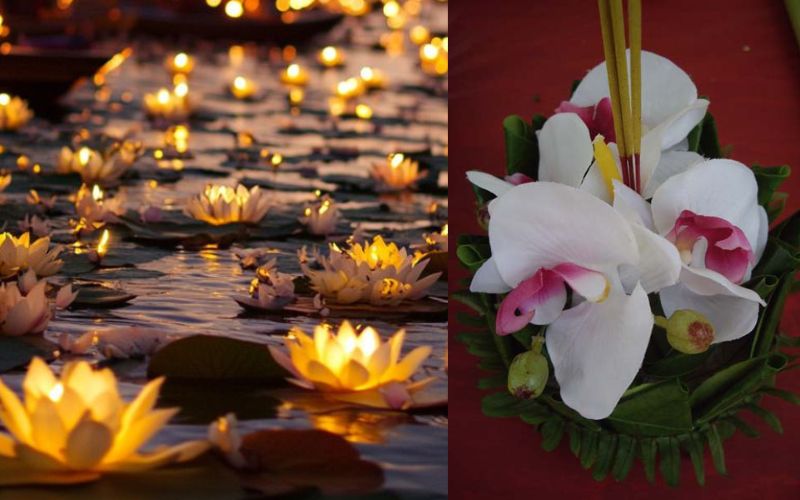 Lotus-shaped floating Krathongs and a beautifully decorated Krathong with white orchids and banana leaves during Thailand’s Loy Krathong Festival.