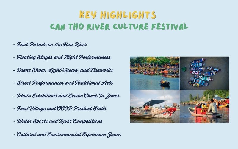 An infographic titled "Key Highlights Can Tho River Culture Festival" listing eight main activities, including Boat Parade, Floating Stages, Drone Show, Food Village, and Water Sports, next to a collage of photos showing colorful boats and festival crowds on the river.