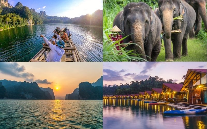 A collage of activities at Khao Sok National Park, including kayaking on Cheow Lan Lake, watching elephants in the jungle, admiring the sunrise over limestone mountains, and staying in floating bungalows.