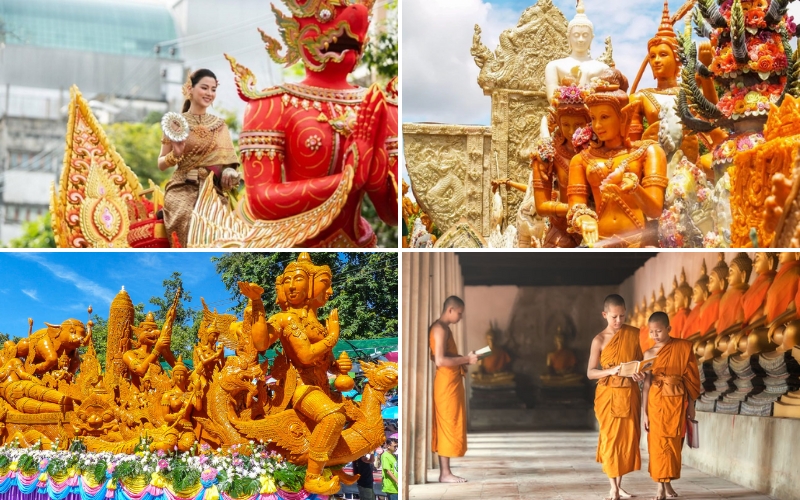 A stunning wax sculpture float makes its way through the streets during the Khao Phan Sa Candle Festival in Ubon Ratchathani, Thailand