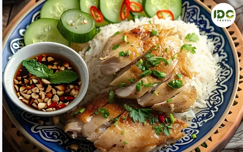 Khao man gai, Thai chicken rice with sliced chicken, cucumber, and dipping sauce, served on a blue and white plate.