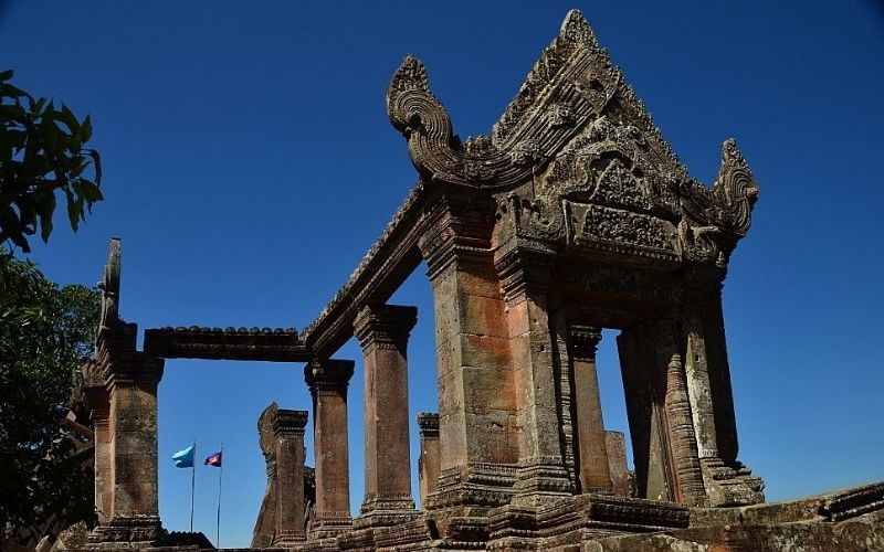 Intricate details of Khmer architecture carved meticulously on the structure.
