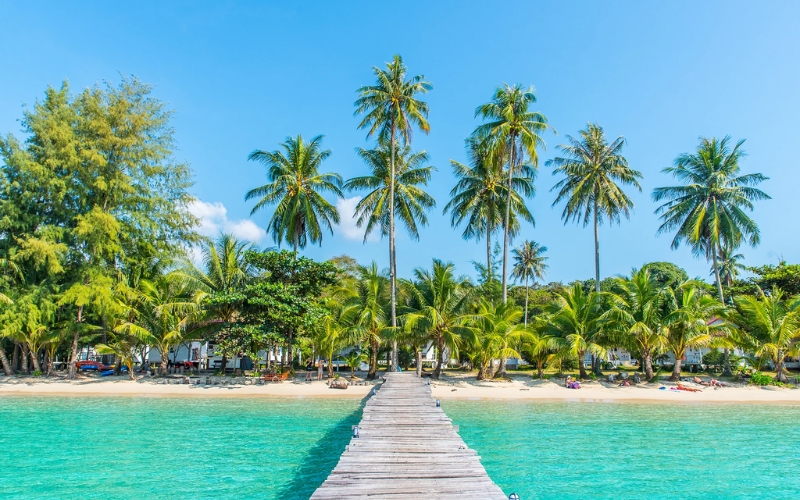 Secluded beach on Koh Kood with soft white sand, clear turquoise water, and palm trees swaying in the breeze, showcasing the island’s unspoiled beauty.