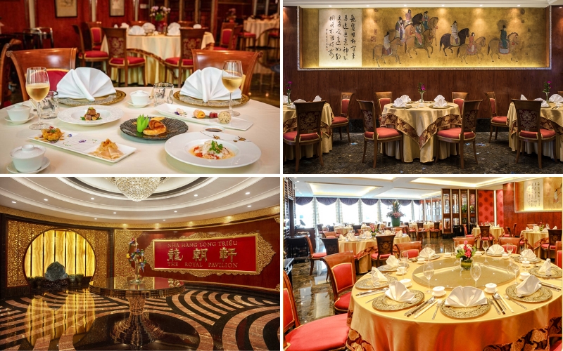Long Trieu, a Michelin-starred restaurant known for refined Cantonese cuisine and exquisite dim sum, featuring luxurious Chinese-inspired décor, intricate woodwork, and crystal chandeliers.