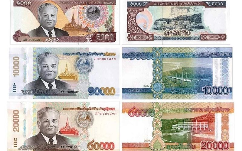 Different denominations of Lao currency.