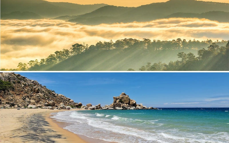 Visual guide to Lam Dong’s climates: misty, mild highlands contrasted with hot, dry coastal zones.