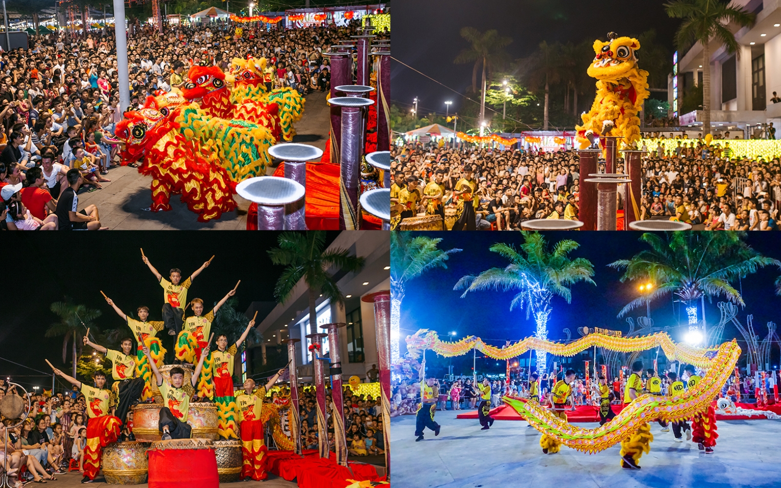 The vibrant lion dances troupe performs in the streets during the Mid-autumn Festival, surrounded by crowds of children and families.