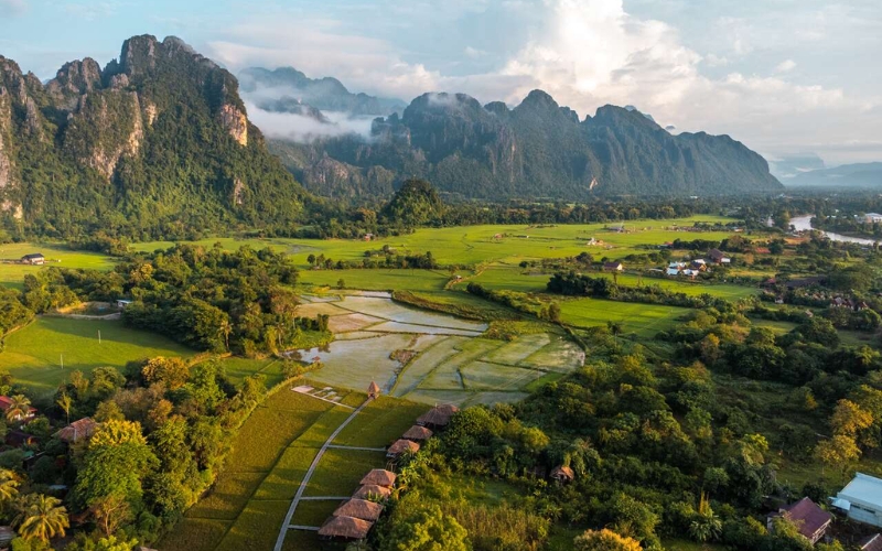 Lush green landscapes of Vang Vieng after the first rains of May