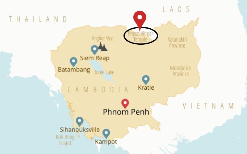 Location of Preah Vihear Temple on Cambodia Map