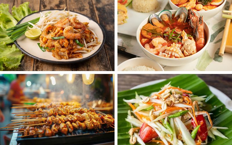 A collage of popular Thai dishes including Pad Thai, Tom Yum, grilled skewers, and green papaya salad from Phuket and Krabi