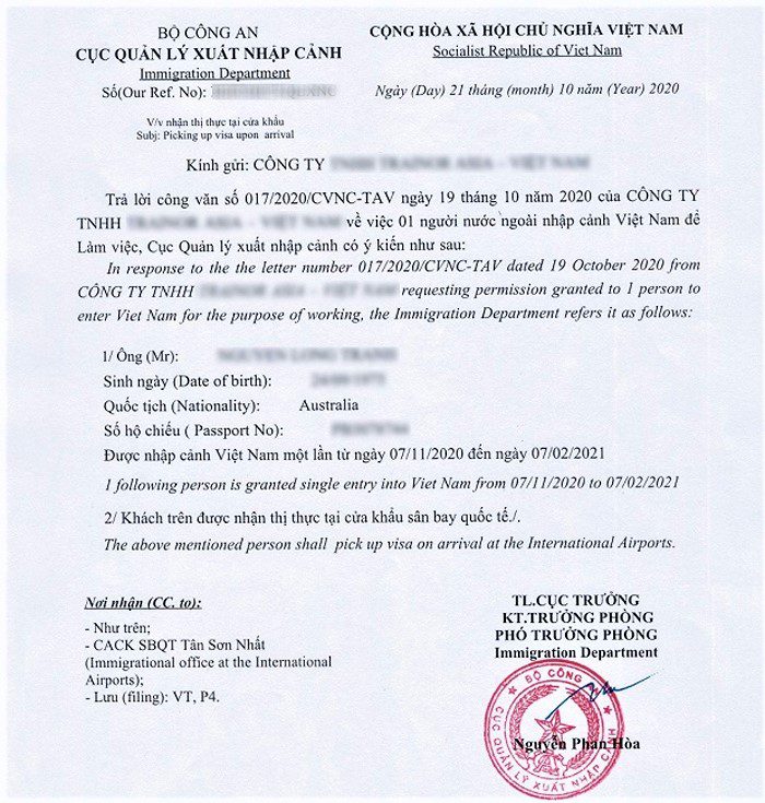Copy of Approval Letter for Vietnam Visa on Arrival