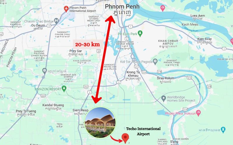 Map showing the location of Techo International Airport (KTI) south of Phnom Penh, Cambodia.