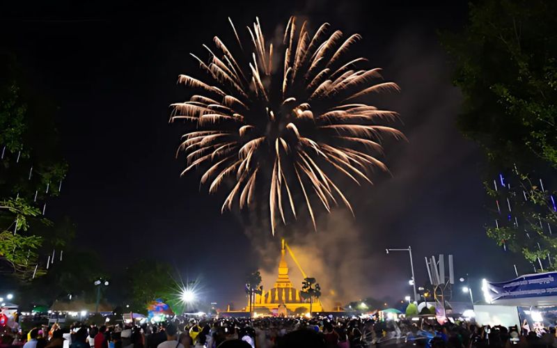 Fireworks and celebrations at That Luang Festival in Vientiane, Laos.